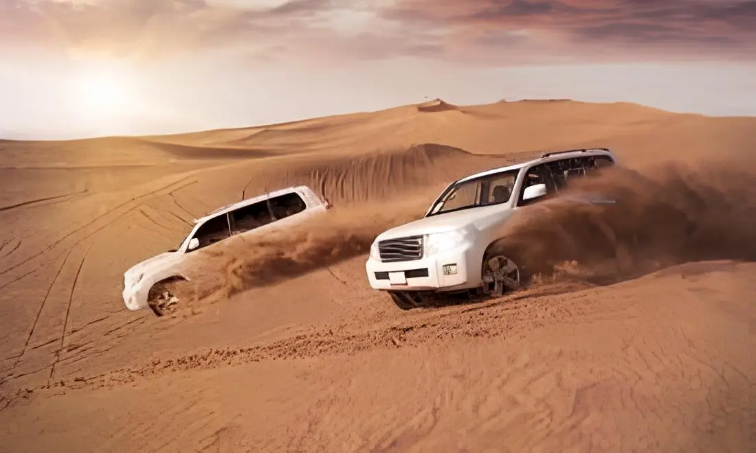 Scenic desert safari landscape at sunset